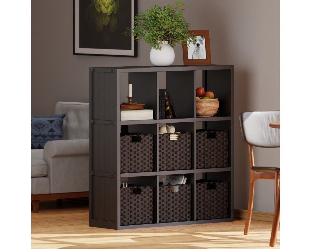 Timothy 7-Pc 3x3 Storage Shelf with 6 Foldable Woven Fiber Baskets, Black and Chocolate
