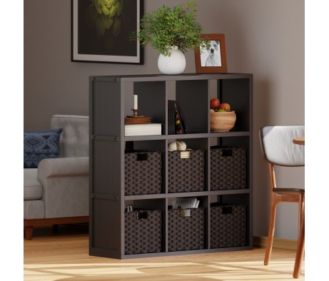 Timothy 7-Pc 3x3 Storage Shelf with 6 Foldable Woven Fiber Baskets, Black and Chocolate