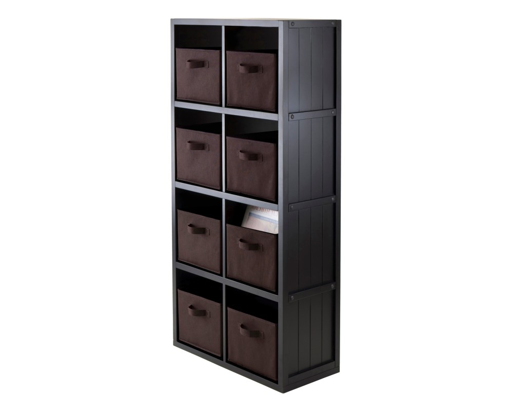 Timothy 9-Pc 4x2 Storage Shelf with 8 Foldable Fabric Baskets, Black and Chocolate