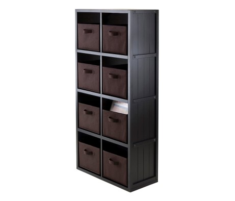 Timothy 9-Pc 4x2 Storage Shelf with 8 Foldable Fabric Baskets, Black and Chocolate
