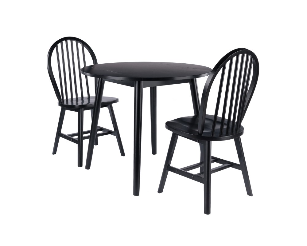 Moreno Extendable Round Dining Table with 2 Windsor Chairs, 35' Wide, Black