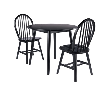Moreno Extendable Round Dining Table with 2 Windsor Chairs, 35' Wide, Black