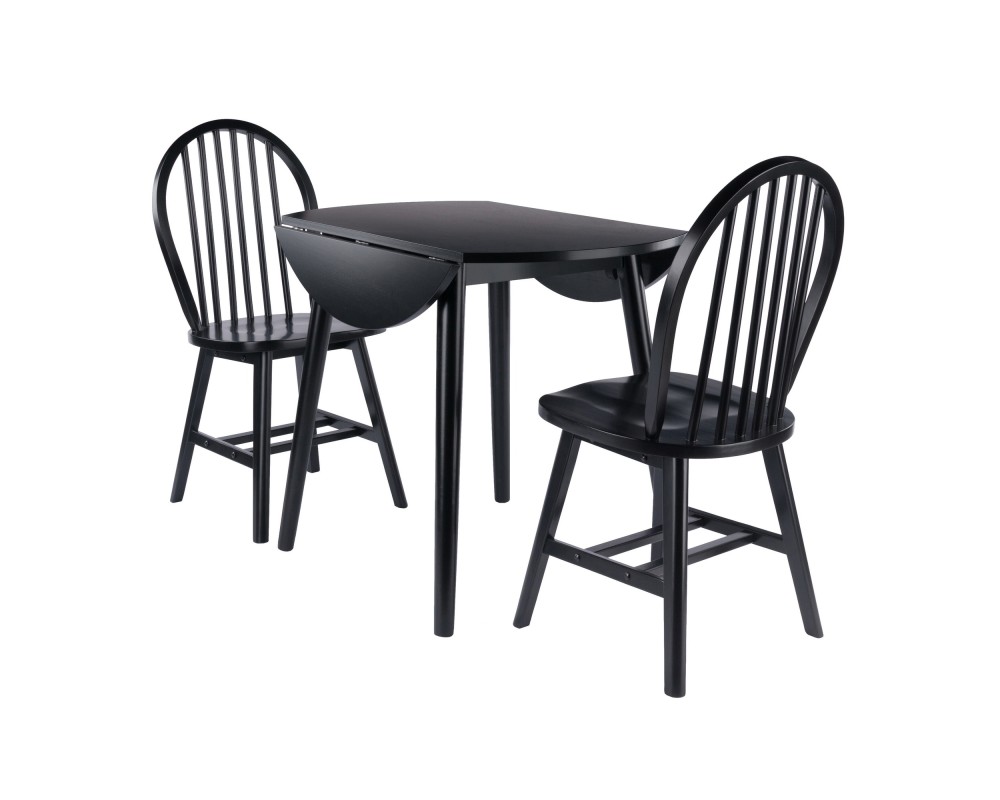 Moreno Extendable Round Dining Table with 2 Windsor Chairs, 35' Wide, Black
