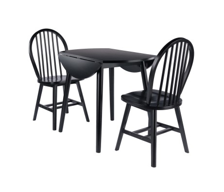 Moreno Extendable Round Dining Table with 2 Windsor Chairs, 35' Wide, Black