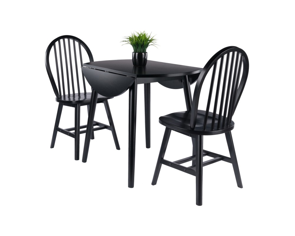 Moreno Extendable Round Dining Table with 2 Windsor Chairs, 35' Wide, Black