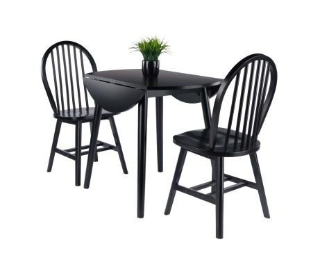 Moreno Extendable Round Dining Table with 2 Windsor Chairs, 35' Wide, Black