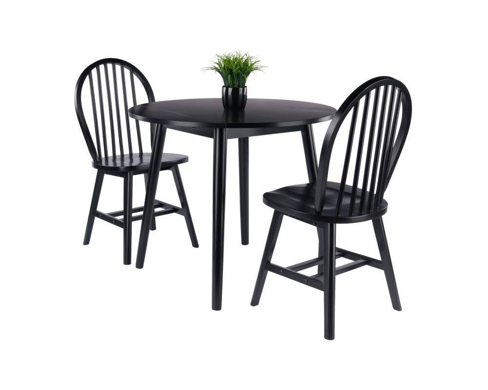 Moreno Extendable Round Dining Table with 2 Windsor Chairs, 35' Wide, Black