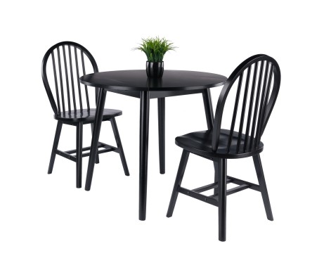 Moreno Extendable Round Dining Table with 2 Windsor Chairs, 35' Wide, Black