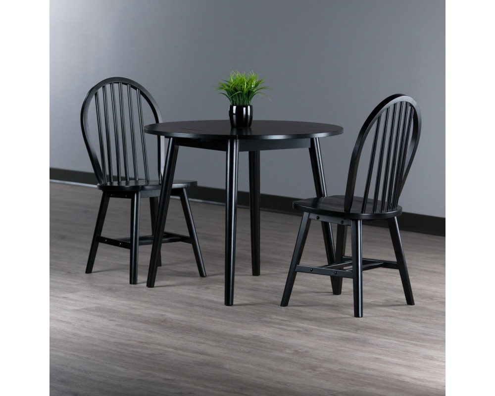 Moreno Extendable Round Dining Table with 2 Windsor Chairs, 35' Wide, Black