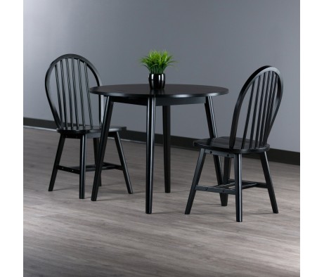 Moreno Extendable Round Dining Table with 2 Windsor Chairs, 35' Wide, Black