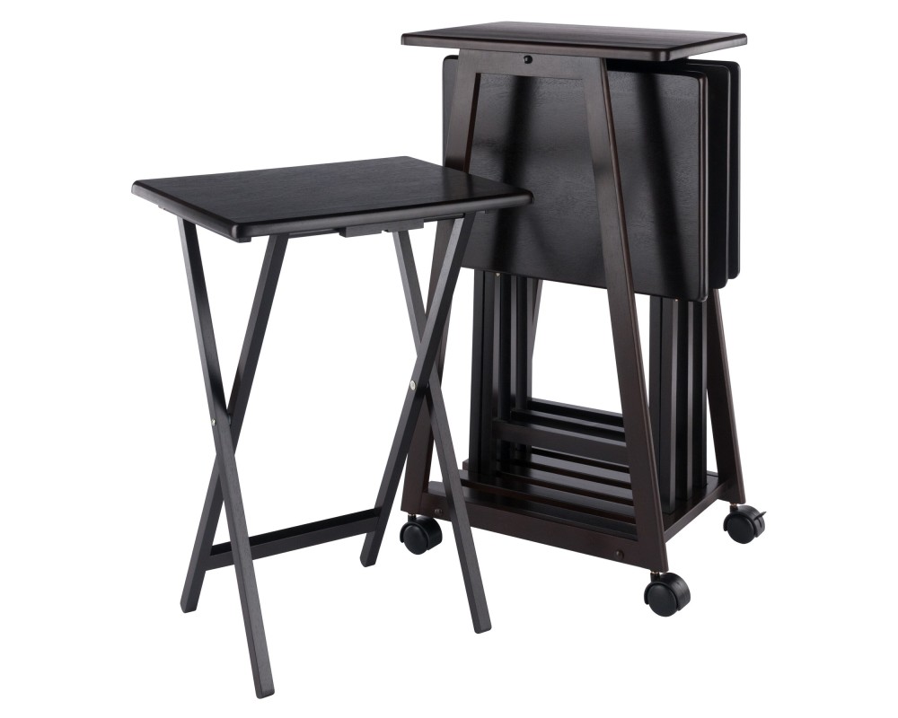 Adriel Snack Table Set with 4 Tables and Rolling Storage Stand, 34' High, Coffee