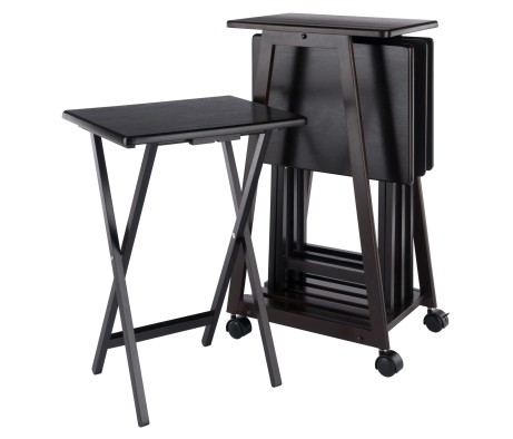 Adriel Snack Table Set with 4 Tables and Rolling Storage Stand, 34' High, Coffee