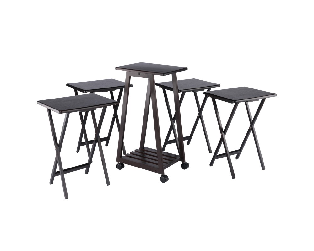Adriel Snack Table Set with 4 Tables and Rolling Storage Stand, 34' High, Coffee