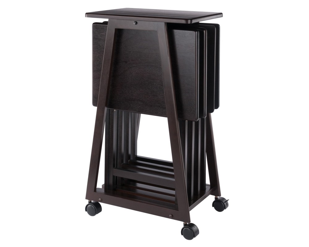 Adriel Snack Table Set with 4 Tables and Rolling Storage Stand, 34' High, Coffee