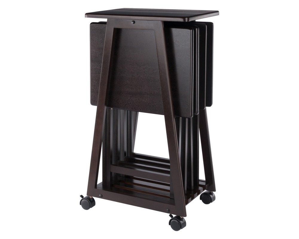 Adriel Snack Table Set with 4 Tables and Rolling Storage Stand, 34' High, Coffee