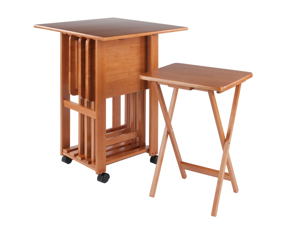 Sophia 5-Pc Snack Table Set with Drop Leaf Mobile Stand, Teak