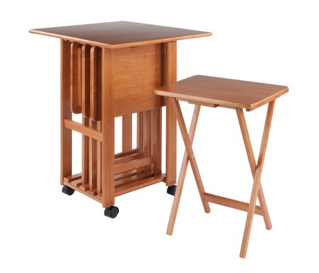Sophia 5-Pc Snack Table Set with Drop Leaf Mobile Stand, Teak