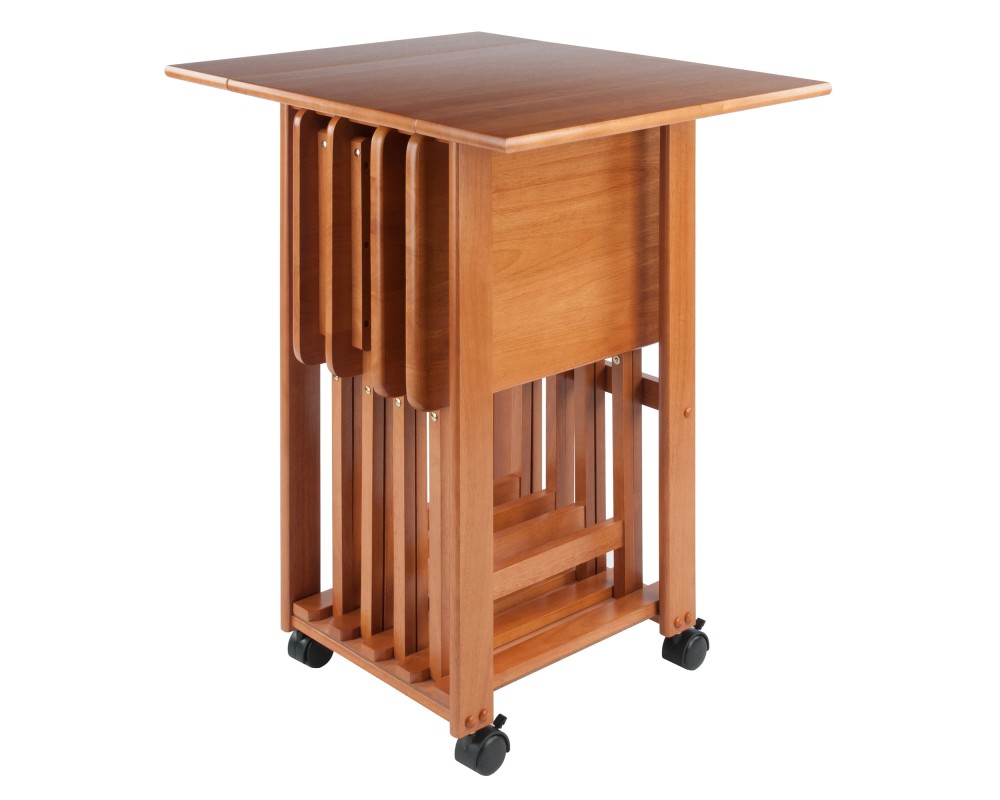 Sophia 5-Pc Snack Table Set with Drop Leaf Mobile Stand, Teak