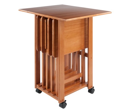 Sophia 5-Pc Snack Table Set with Drop Leaf Mobile Stand, Teak