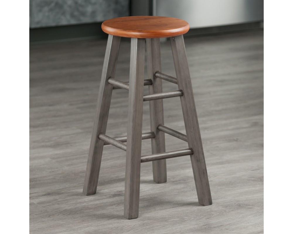 Ivy Round Counter Stool with Footrest, 24' High, Rustic Gray & Teak