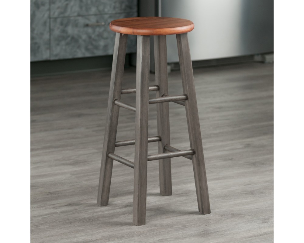 Ivy Round Bar Stool with Footrest, 29' High, Rustic Gray & Teak