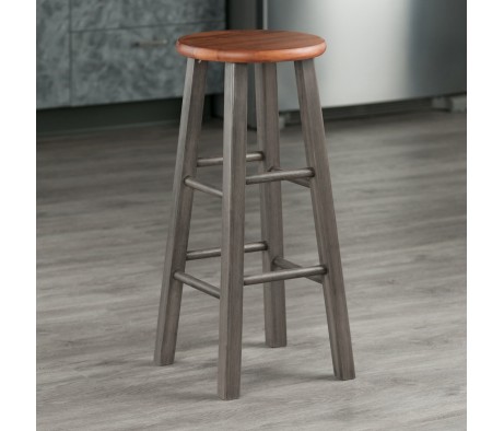 Ivy Round Bar Stool with Footrest, 29' High, Rustic Gray & Teak
