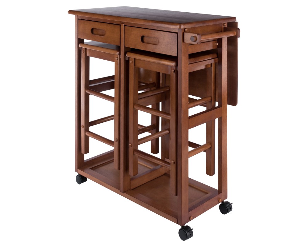 Suzanne Kitchen Space-Saver Table Set with 2 Tuck-Away Stools, 33' Tall, 29' Long, 30' Wide, Teak