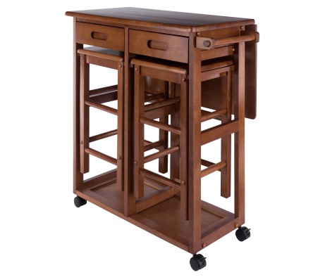 Suzanne Kitchen Space-Saver Table Set with 2 Tuck-Away Stools, 33' Tall, 29' Long, 30' Wide, Teak