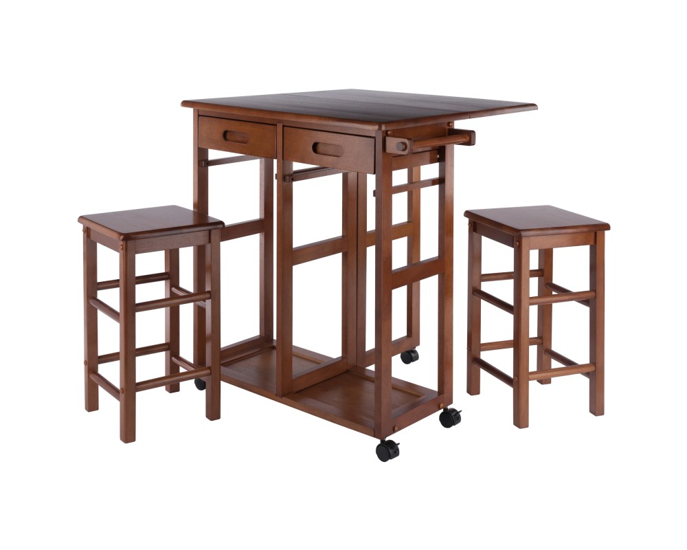 Suzanne Kitchen Space-Saver Table Set with 2 Tuck-Away Stools, 33' Tall, 29' Long, 30' Wide, Teak