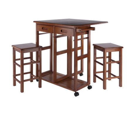 Suzanne Kitchen Space-Saver Table Set with 2 Tuck-Away Stools, 33' Tall, 29' Long, 30' Wide, Teak