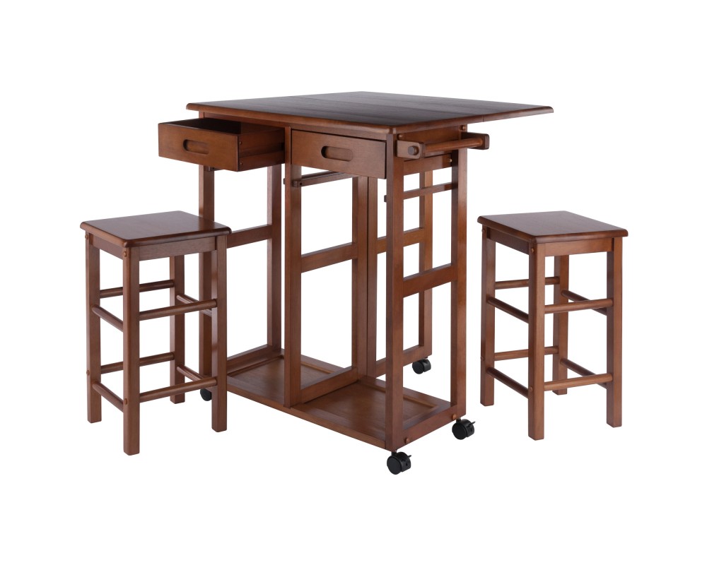 Suzanne Kitchen Space-Saver Table Set with 2 Tuck-Away Stools, 33' Tall, 29' Long, 30' Wide, Teak