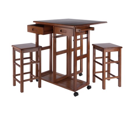 Suzanne Kitchen Space-Saver Table Set with 2 Tuck-Away Stools, 33' Tall, 29' Long, 30' Wide, Teak