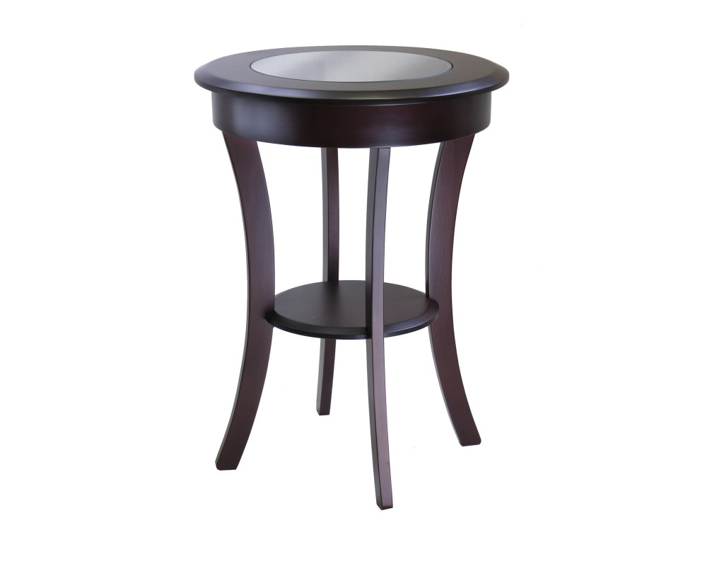Cassie Round Accent Table with Tempered Glass Countertop, 27 High, 20 Wide, Cappuccino