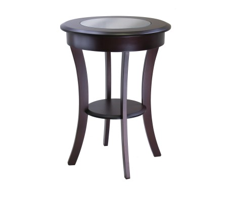 Cassie Round Accent Table with Tempered Glass Countertop, 27 High, 20 Wide, Cappuccino