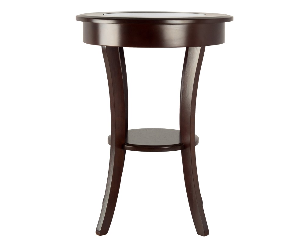 Cassie Round Accent Table with Tempered Glass Countertop, 27 High, 20 Wide, Cappuccino
