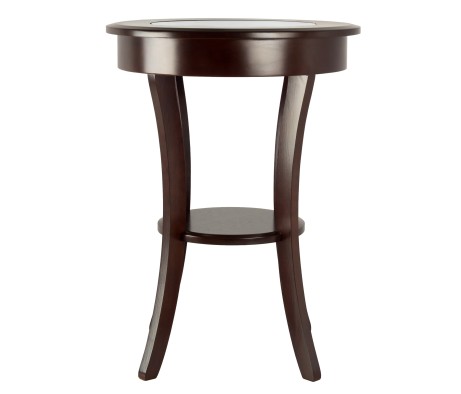 Cassie Round Accent Table with Tempered Glass Countertop, 27 High, 20 Wide, Cappuccino