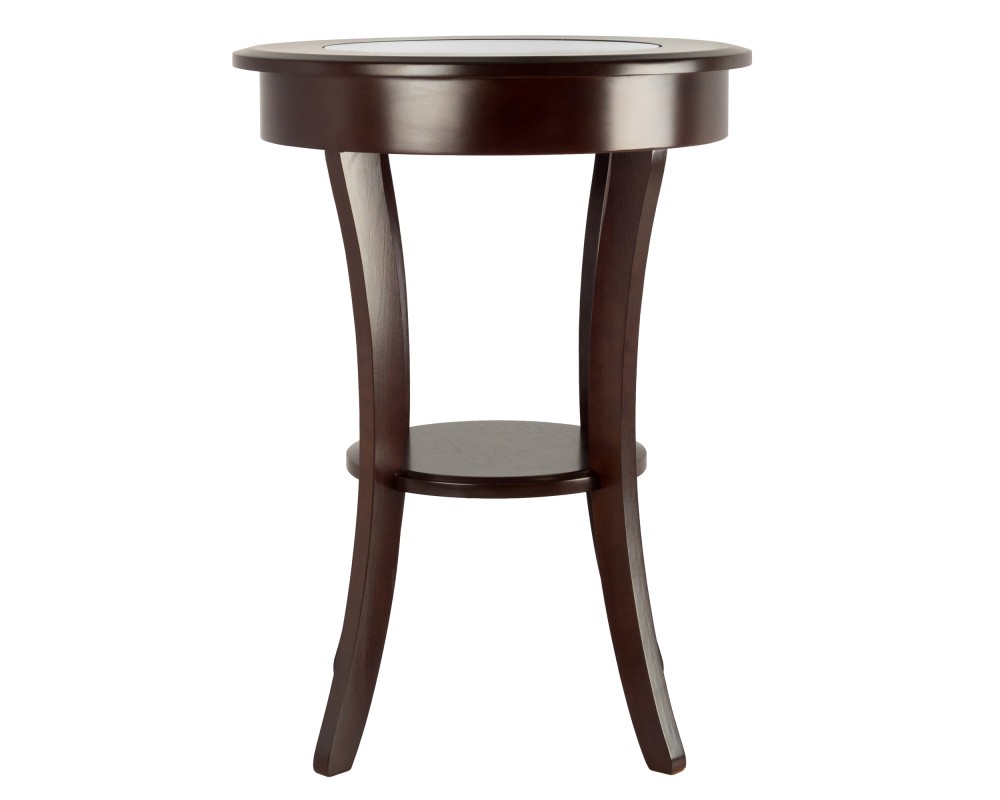 Cassie Round Accent Table with Tempered Glass Countertop, 27 High, 20 Wide, Cappuccino