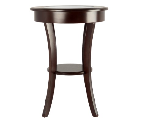 Cassie Round Accent Table with Tempered Glass Countertop, 27 High, 20 Wide, Cappuccino
