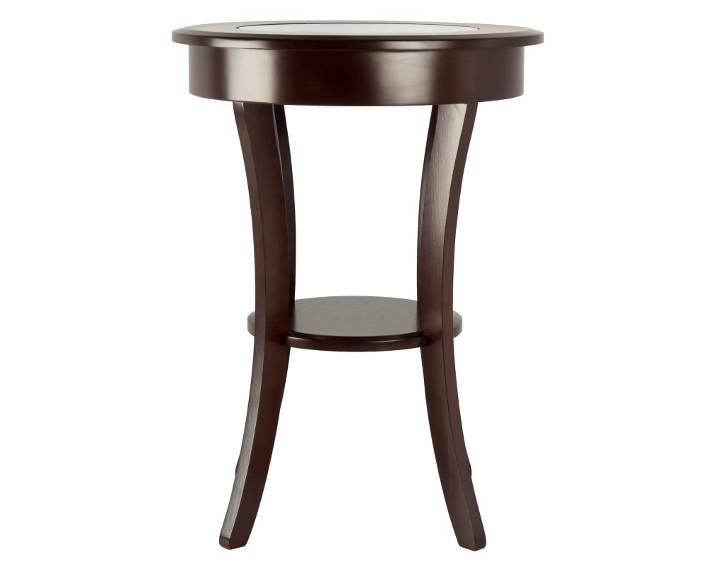 Cassie Round Accent Table with Tempered Glass Countertop, 27 High, 20 Wide, Cappuccino