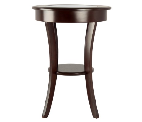 Cassie Round Accent Table with Tempered Glass Countertop, 27 High, 20 Wide, Cappuccino