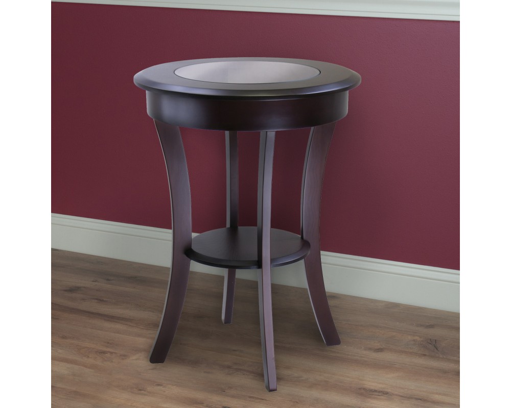 Cassie Round Accent Table with Tempered Glass Countertop, 27 High, 20 Wide, Cappuccino