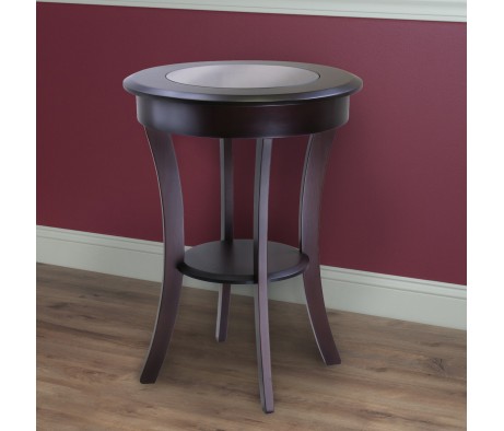 Cassie Round Accent Table with Tempered Glass Countertop, 27 High, 20 Wide, Cappuccino