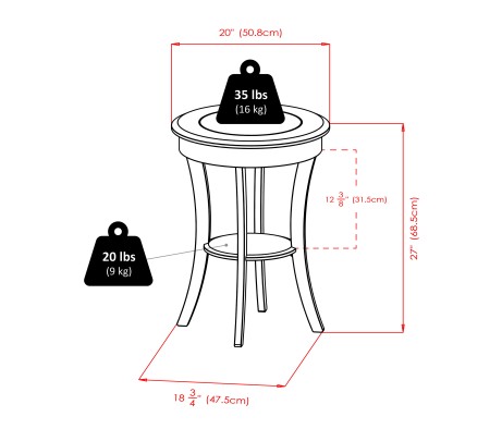 Cassie Round Accent Table with Tempered Glass Countertop, 27 High, 20 Wide, Cappuccino