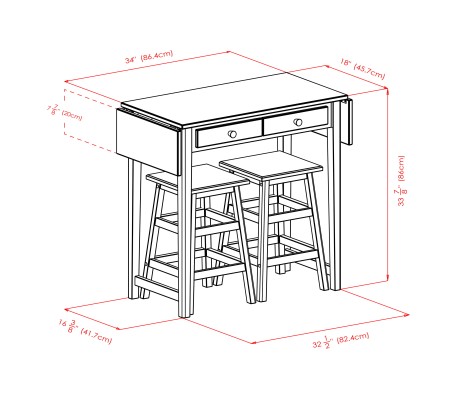 Mercer Extendable High Dining Table with 2 Square-Seat Counter Stools, 34' High, 50' Wide, Cappuccino