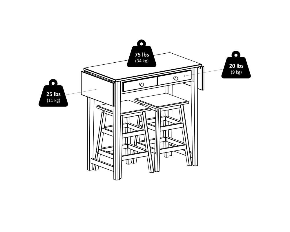 Mercer Extendable High Dining Table with 2 Square-Seat Counter Stools, 34' High, 50' Wide, Cappuccino