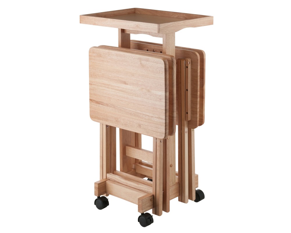 Isabelle Set of 4 Snack Tables with Mobile Stand and Removable Tray, Natural