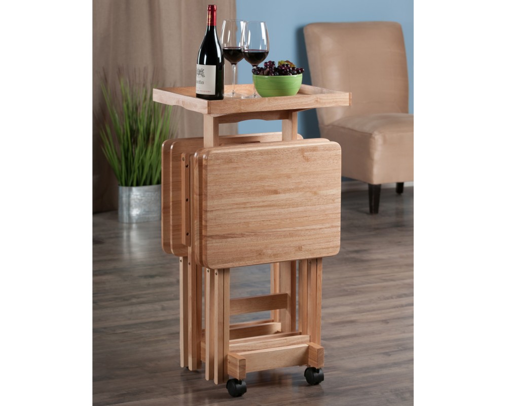 Isabelle Set of 4 Snack Tables with Mobile Stand and Removable Tray, Natural
