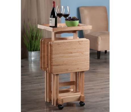 Isabelle Set of 4 Snack Tables with Mobile Stand and Removable Tray, Natural
