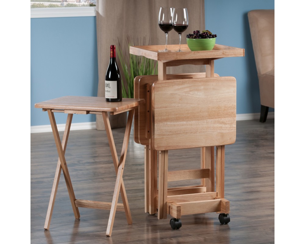 Isabelle Set of 4 Snack Tables with Mobile Stand and Removable Tray, Natural