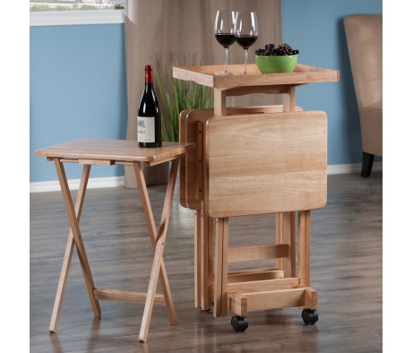 Isabelle Set of 4 Snack Tables with Mobile Stand and Removable Tray, Natural